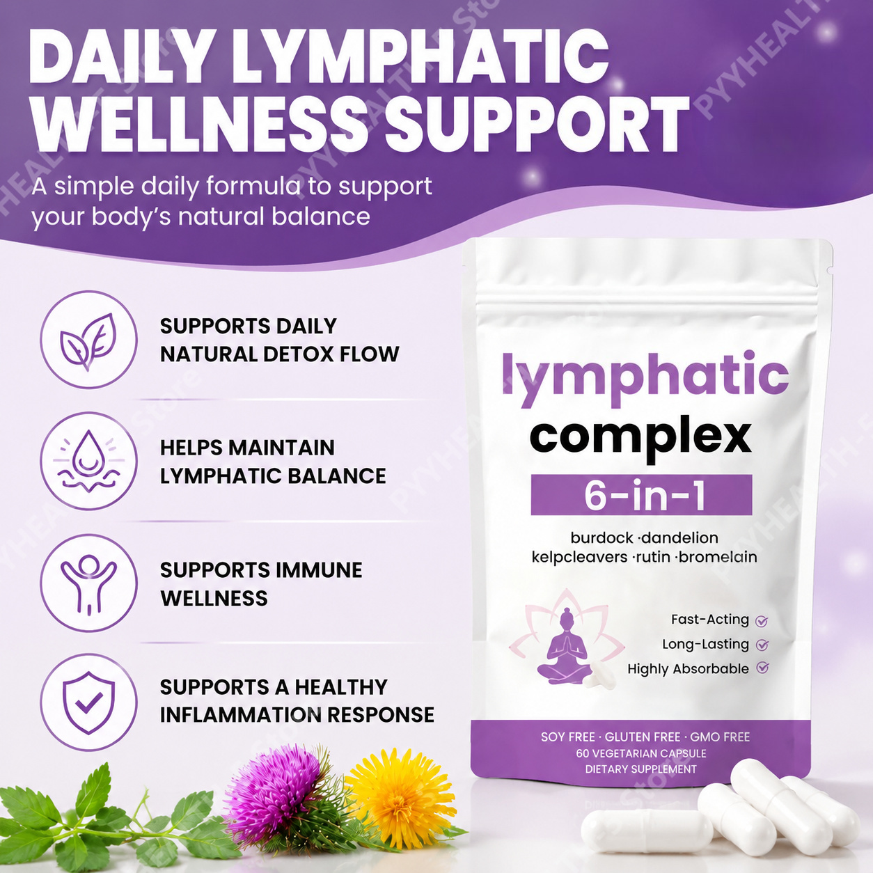 Herbal Supplement - 6-in-1 Lymphkomplex-Kapseln mit Kletten, Löwenzahn, Kelp